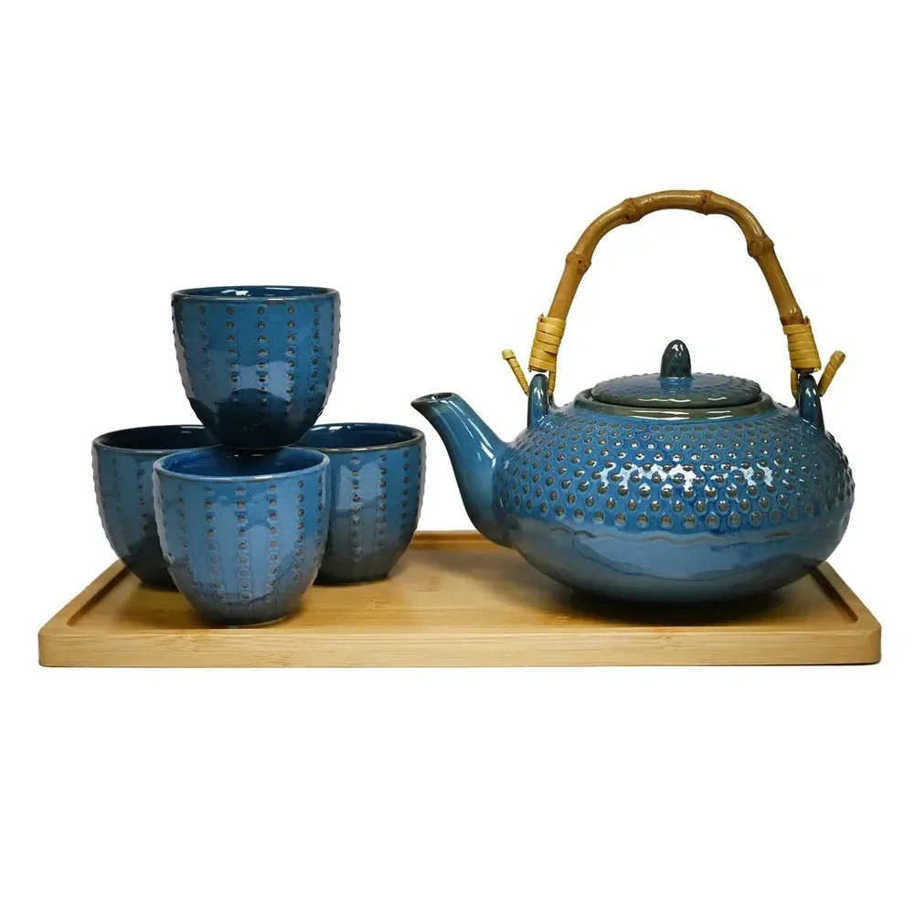 6pc Hobnail Ceramic Tea Set + Infuser – Navy (26oz)
